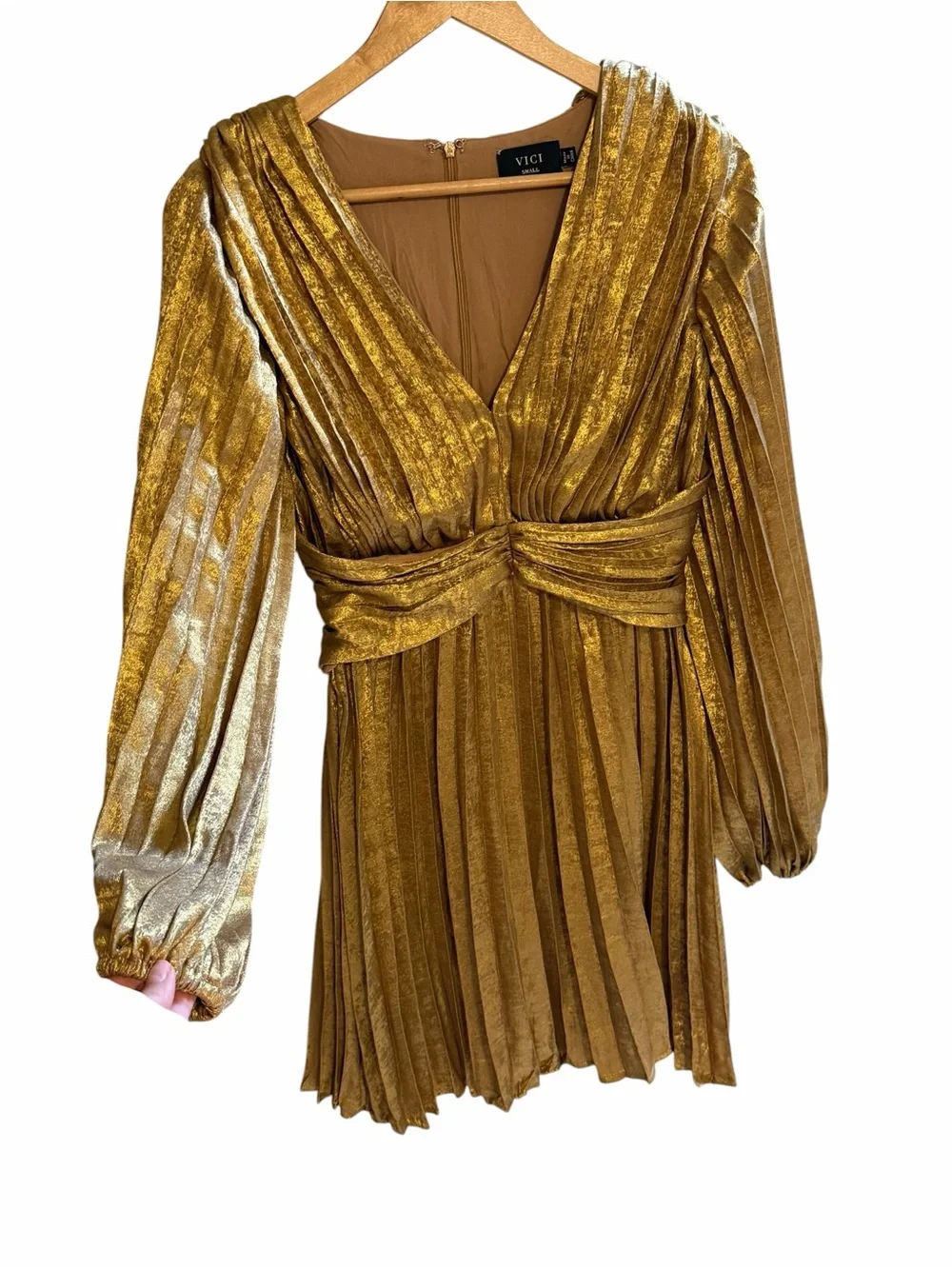 Vici Metallic Gold Plissé Twist-Waist Mini Dress